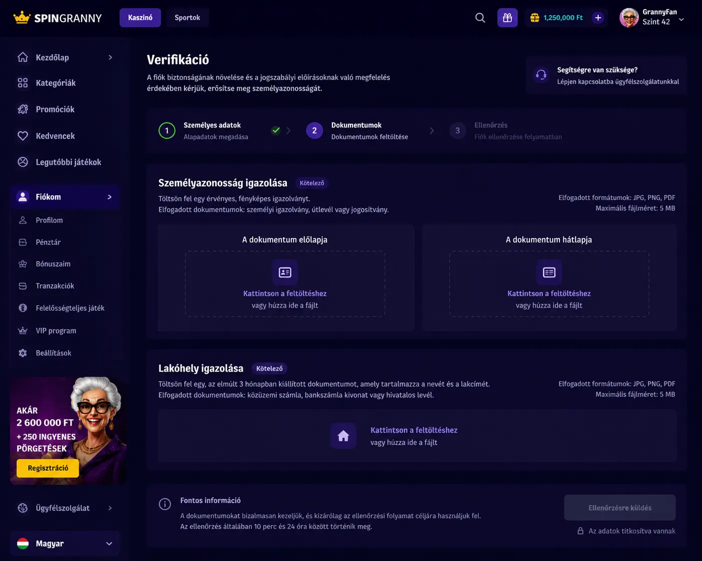 SpinGranny KYC verifikáció szekció