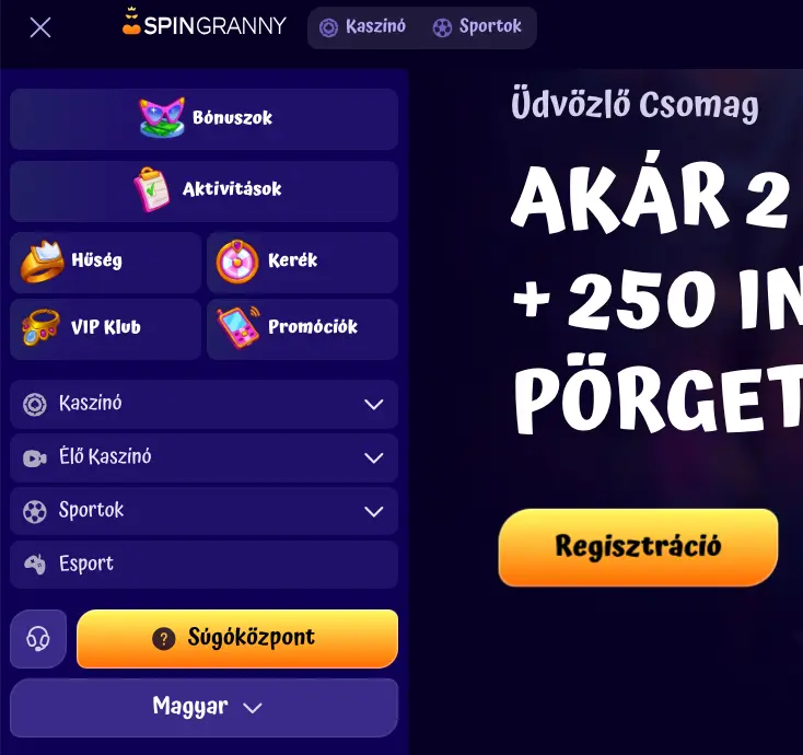 SpinGranny navigációs menü és keresőmező
